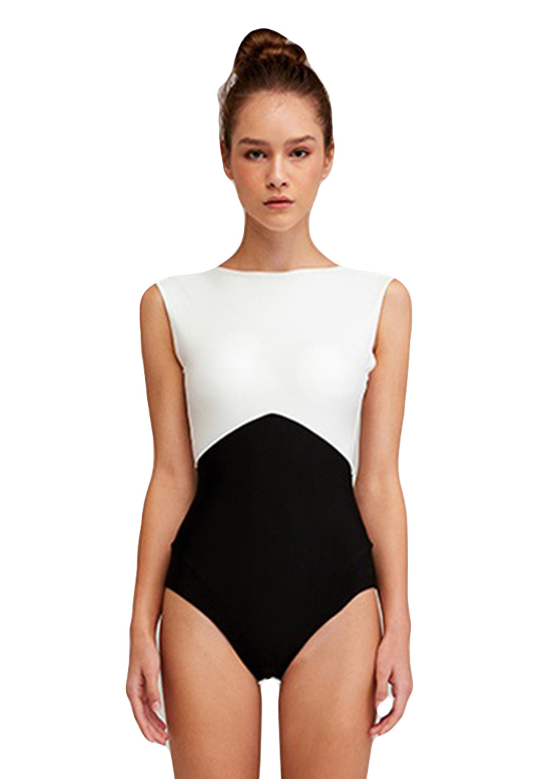 --Simple retro body-fitting one-piece waist black and white color matching back hollow swimsuit CA23050411-sunnydaysweety