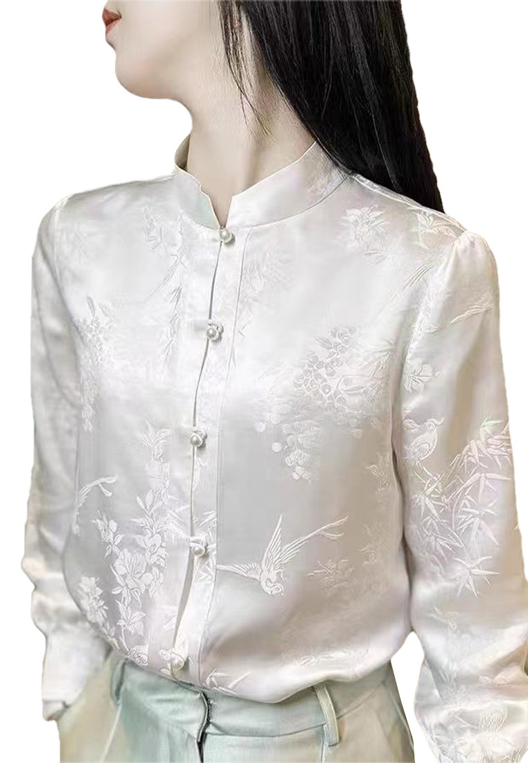 Temperament Chinese retro button printed stand collar silk shirt CA010611