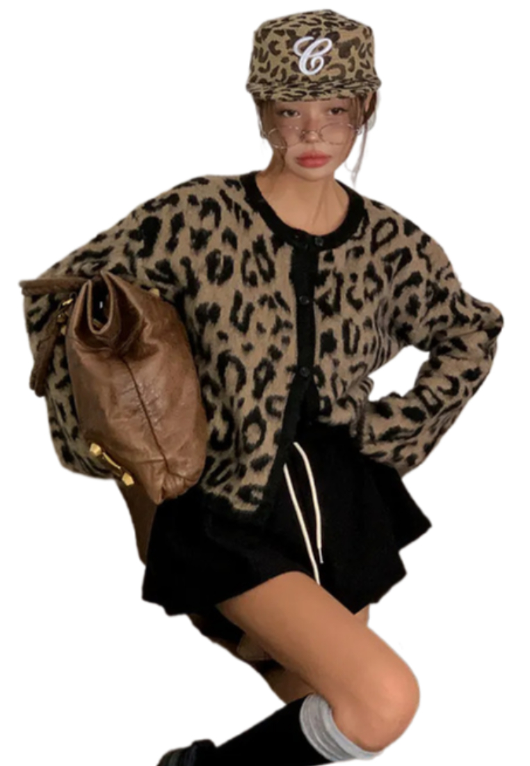 Retro brown leopard print knit cardigan CA25102011BW