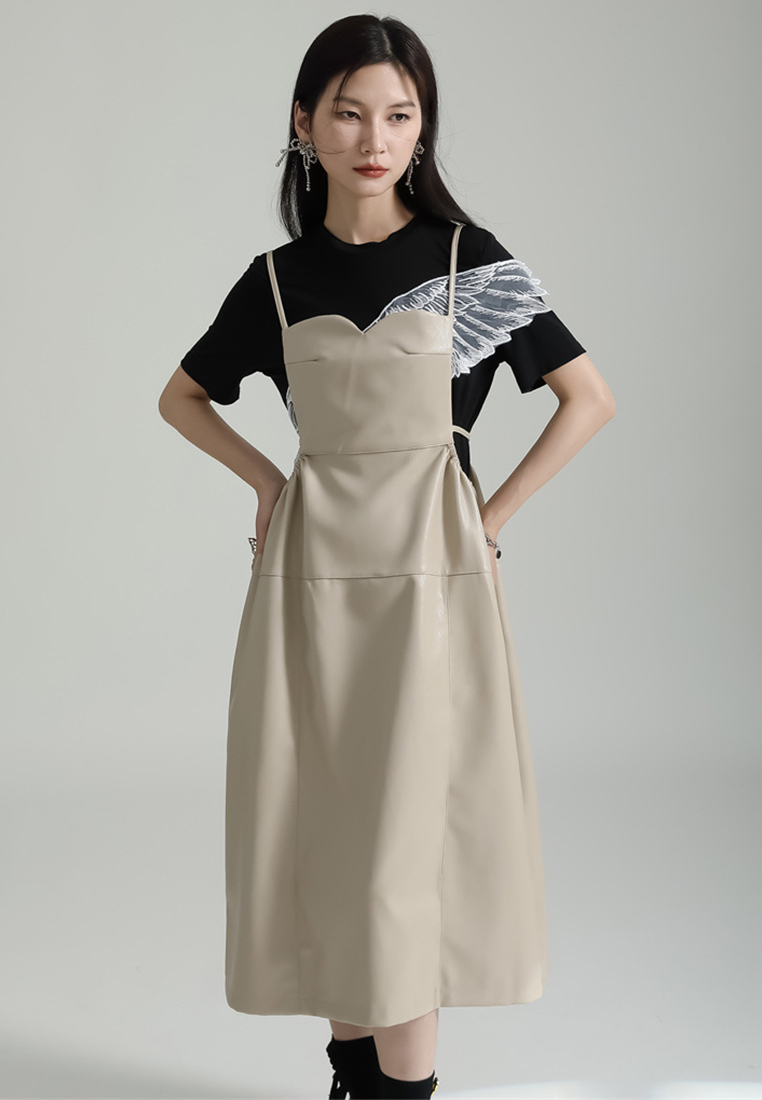 2024 new PU camisole loose three-dimensional dress with waistband CA24030111BK