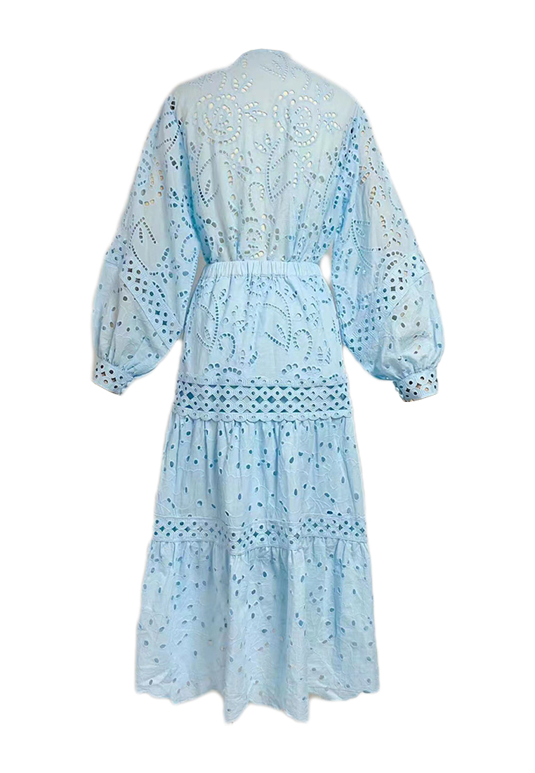 2024 Autumn V-neck Lantern Sleeve Top Slimming Long Dress Set CA24081611PI