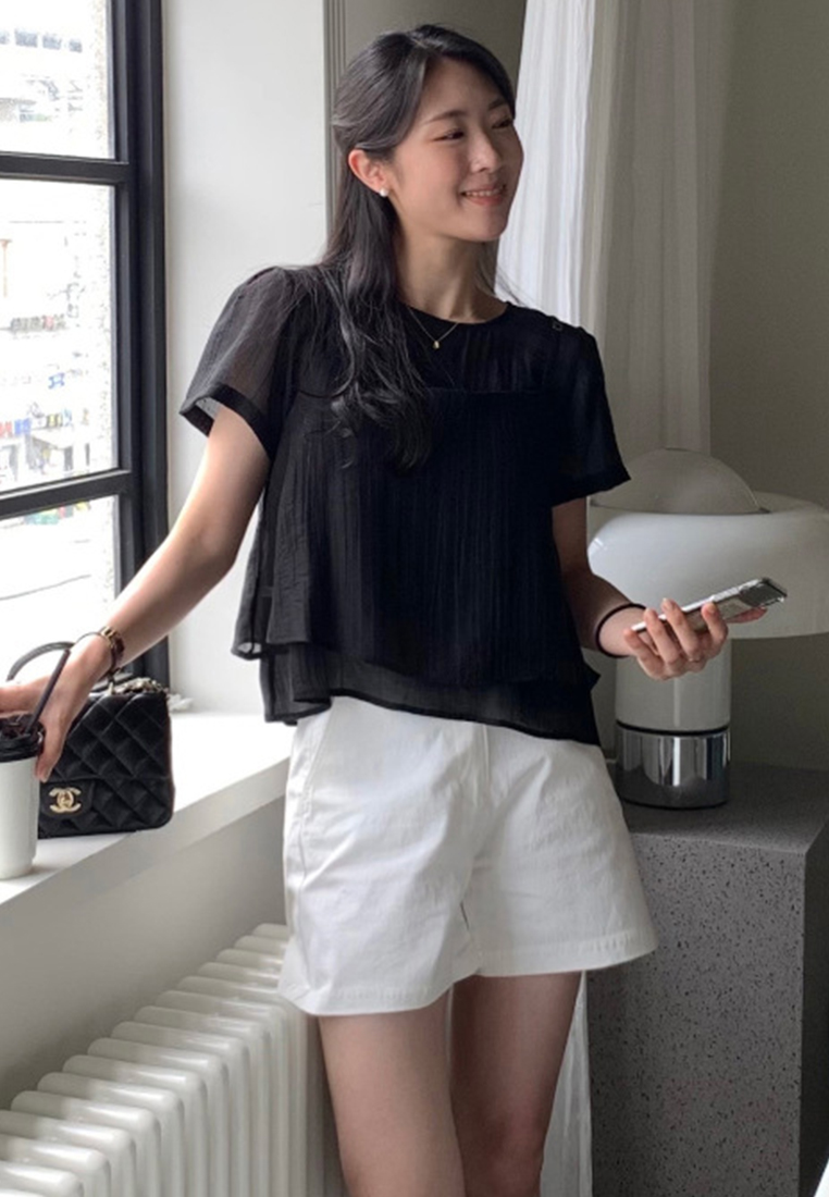 Summer Round Neck Bubble Sleeve Chiffon Top CA25042911BK