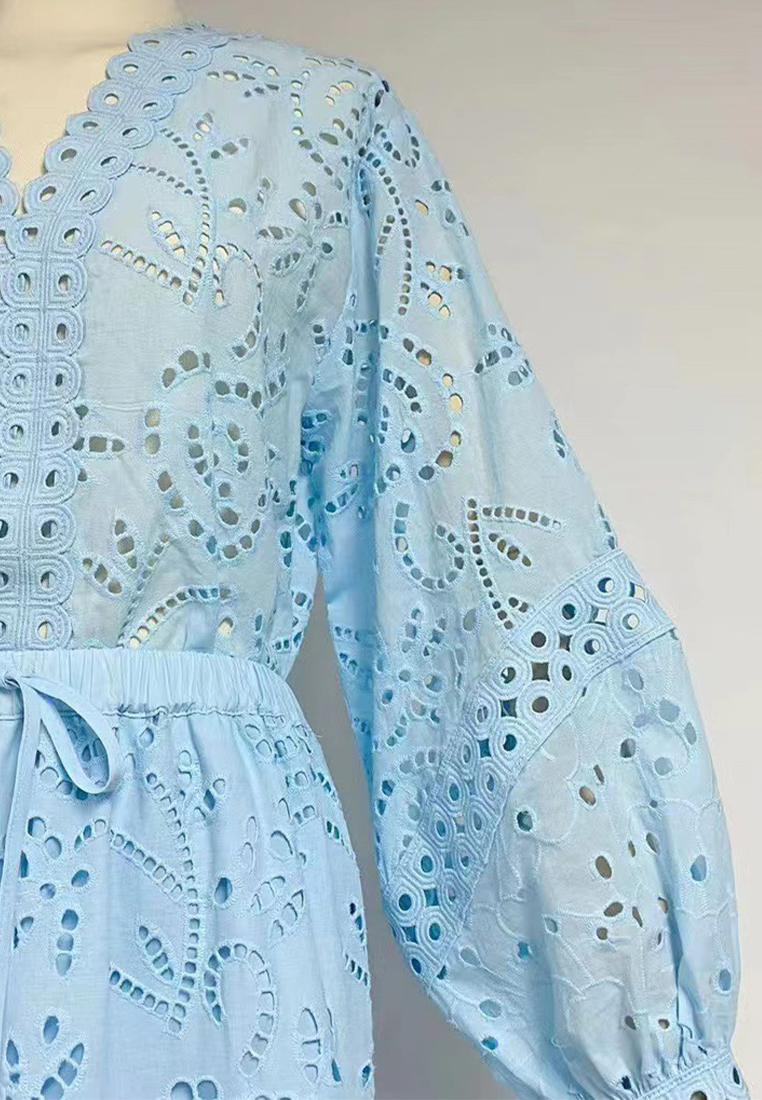 2024 Autumn V-neck Lantern Sleeve Top Slimming Long Dress Set CA24081611PI