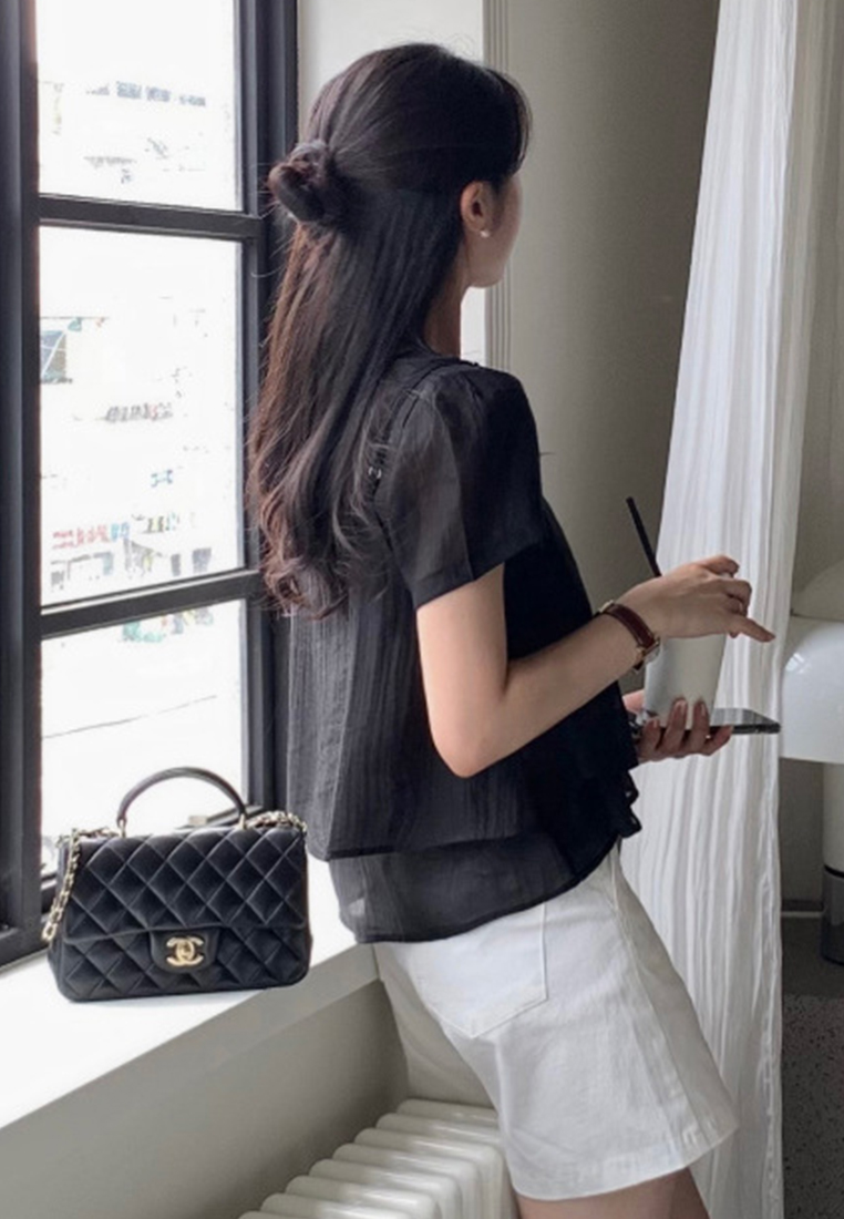 Summer Round Neck Bubble Sleeve Chiffon Top CA25042911BK