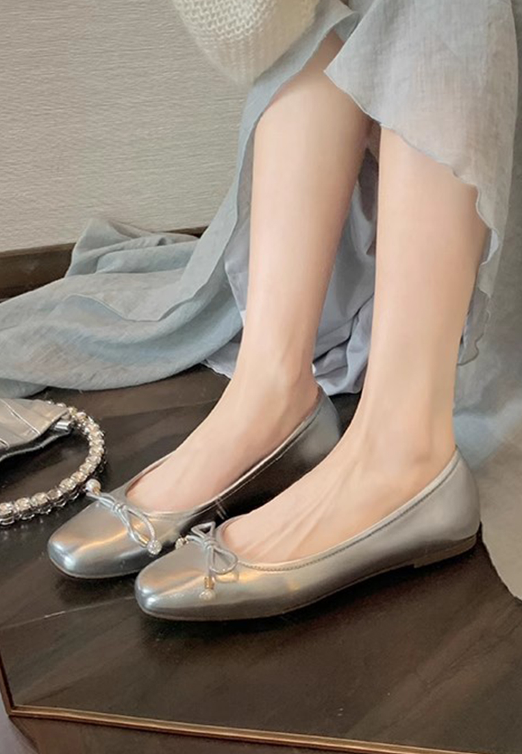 New square-toed bow-knot shallow pearl ballet leather shoes CA225042211SL