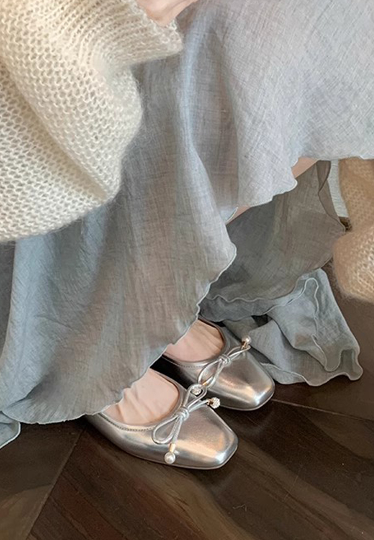 New square-toed bow-knot shallow pearl ballet leather shoes CA225042211SL