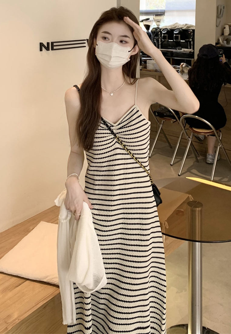Summer new striped knitted Korean vest suspender long dress CA24050611BE