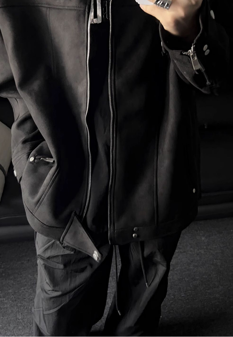 Retro solid color zipper jacket CA24101411BK