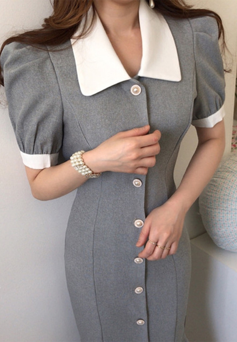 Summer elegant single breasted bubble sleeve dress CA25032711GY