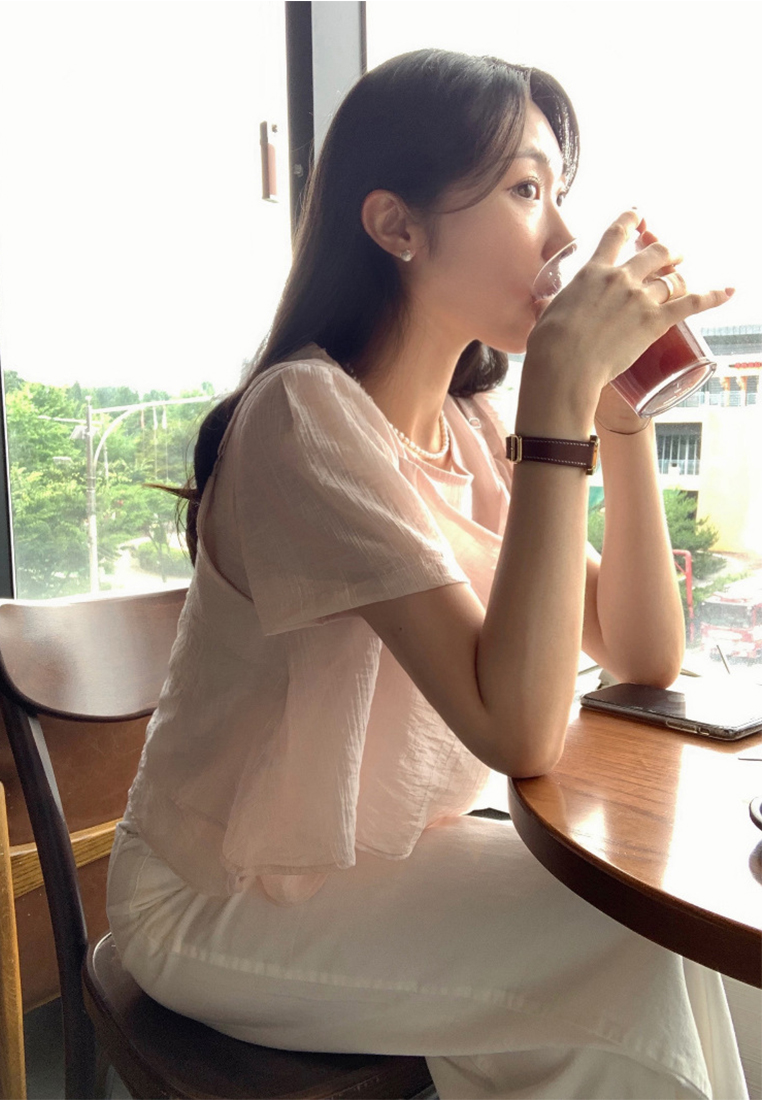 Summer Round Neck Bubble Sleeve Chiffon Top CA25042911BK