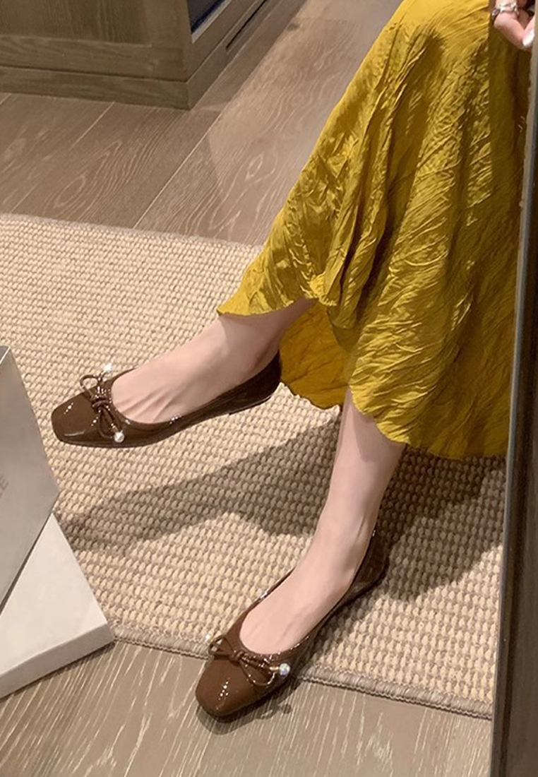 New square-toed bow-knot shallow pearl ballet leather shoes CA225042211SL