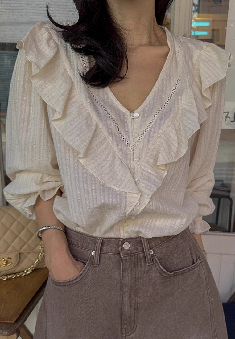 Early Fall Korean Chic Jacquard Ruffle V-Neck Long Sleeve CA25090211BE