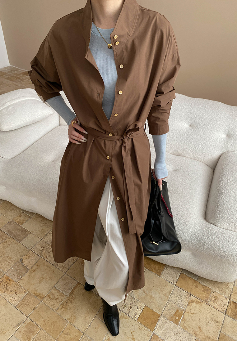 New tie waist long trench coat dress CA25092511BW