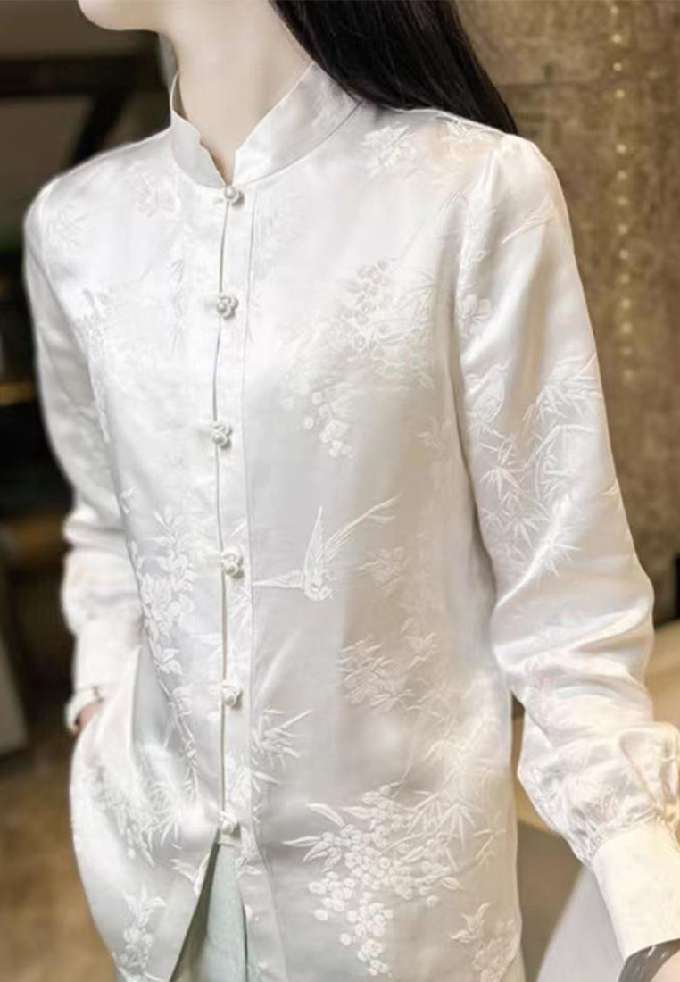 Temperament Chinese retro button printed stand collar silk shirt CA010611
