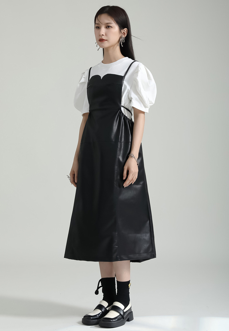 2024 new PU camisole loose three-dimensional dress with waistband CA24030111BK