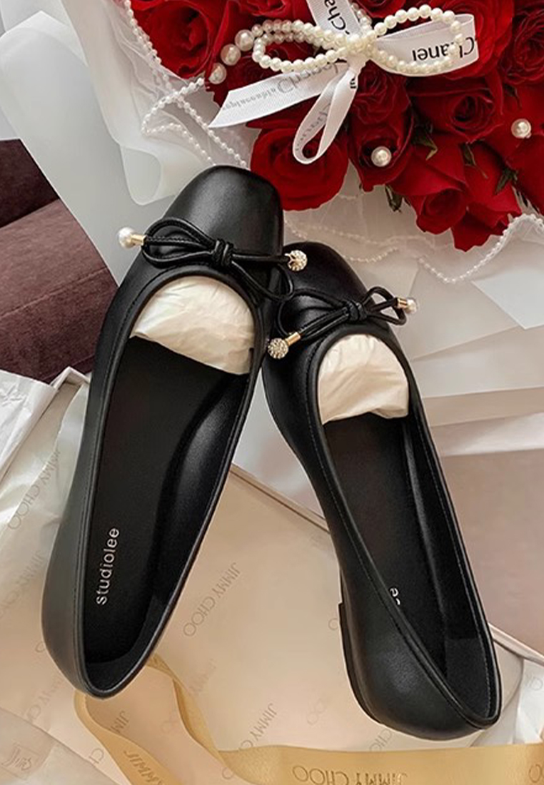 New square-toed bow-knot shallow pearl ballet leather shoes CA225042211SL