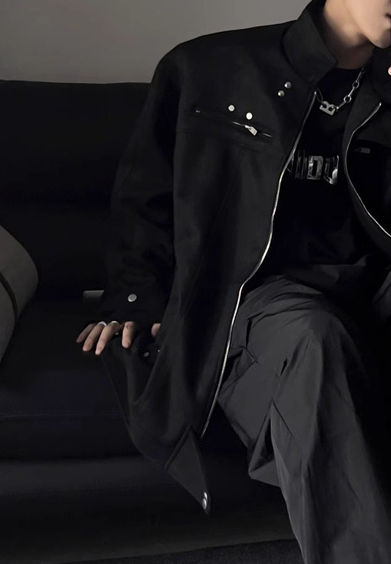 Retro solid color zipper jacket CA24101411BK