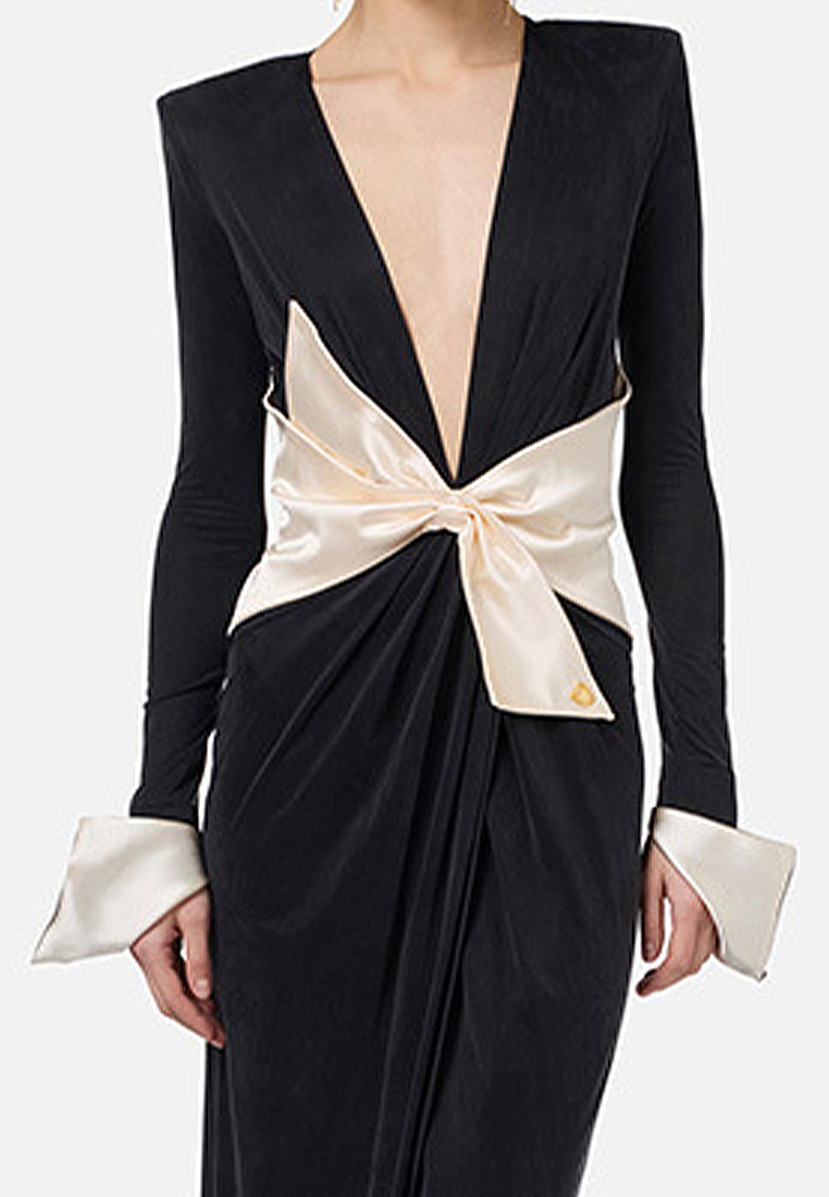 Stylish bow V-neck dress with temperament CA242111911BK