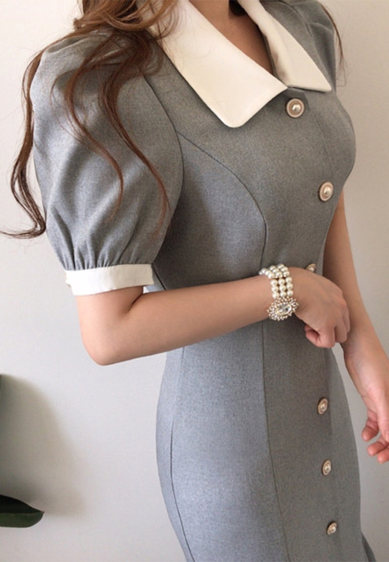 Summer elegant single breasted bubble sleeve dress CA25032711GY