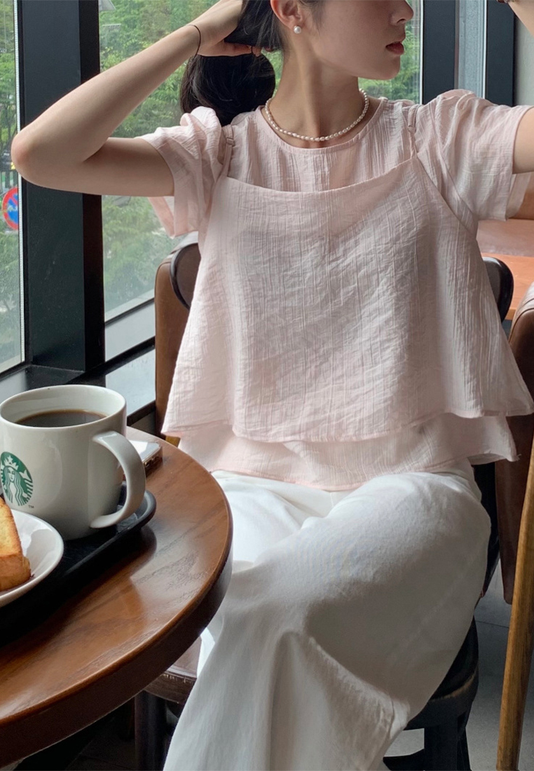 Summer Round Neck Bubble Sleeve Chiffon Top CA25042911BK