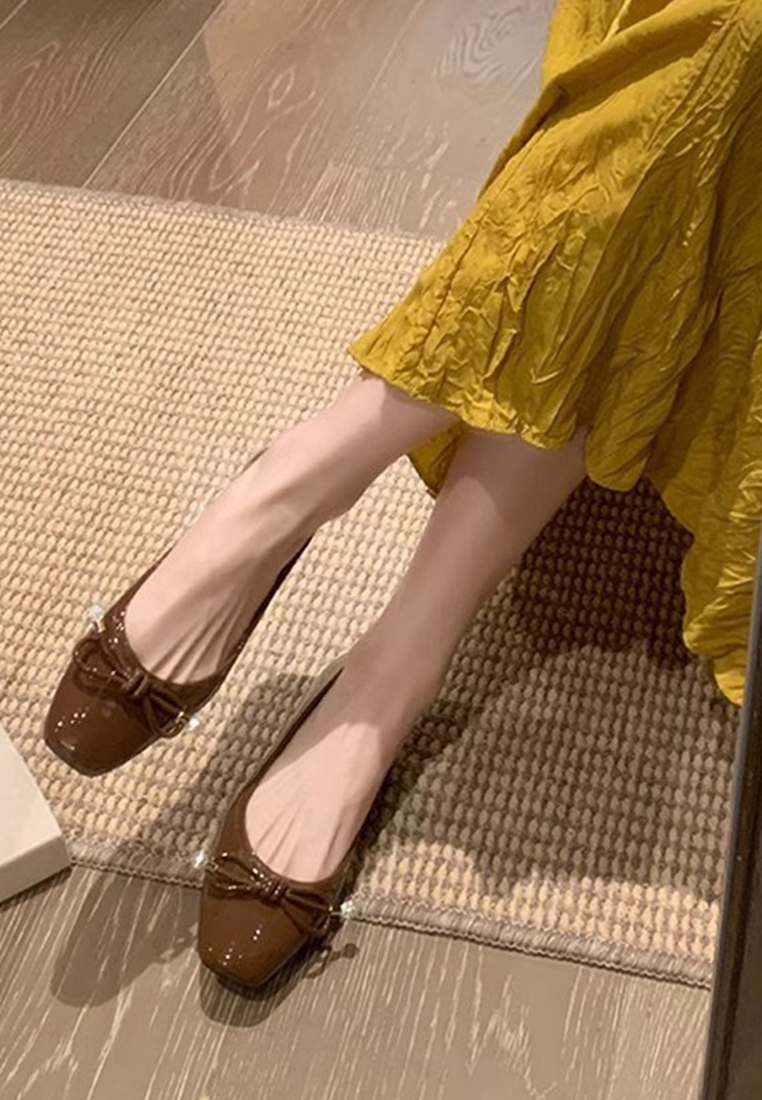 New square-toed bow-knot shallow pearl ballet leather shoes CA225042211SL