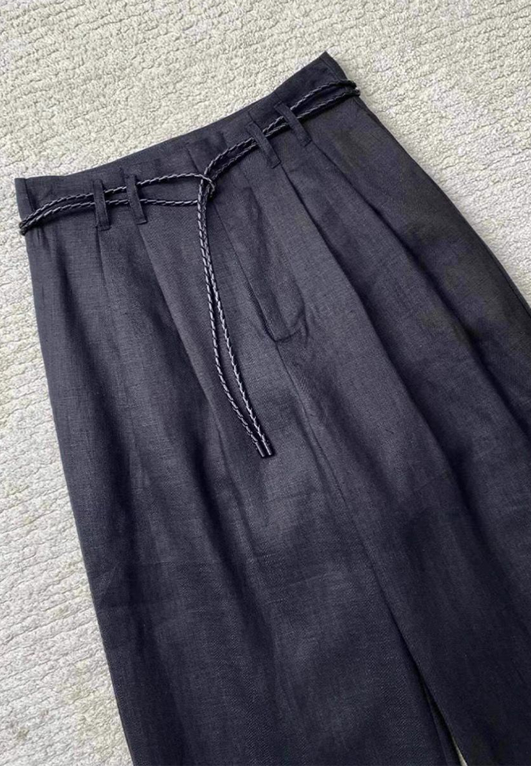 New Black Drawstring Linen Wide-leg Mop Pants CA25061711BK