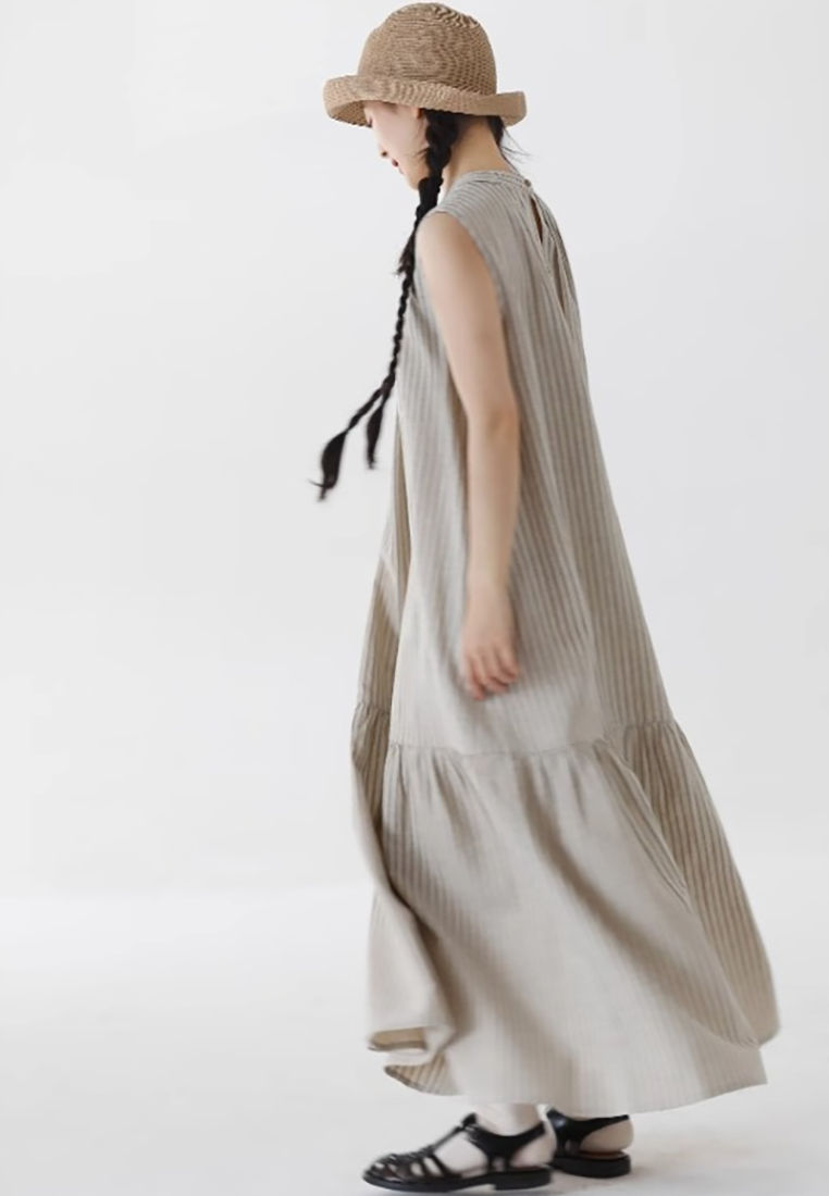 Summer cotton and linen small neckline fishtail dress CA25070911BW