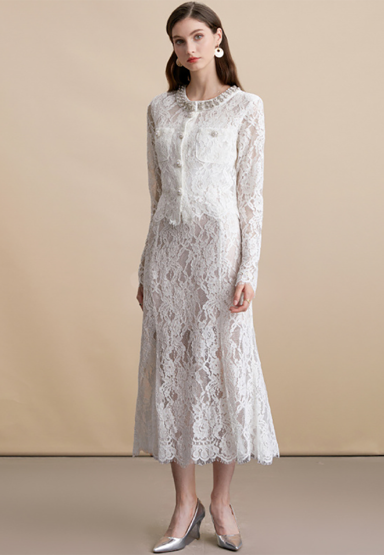 French Retro Lace Crochet Crystal-Collar Top and Mermaid Skirt Set CA25091511W