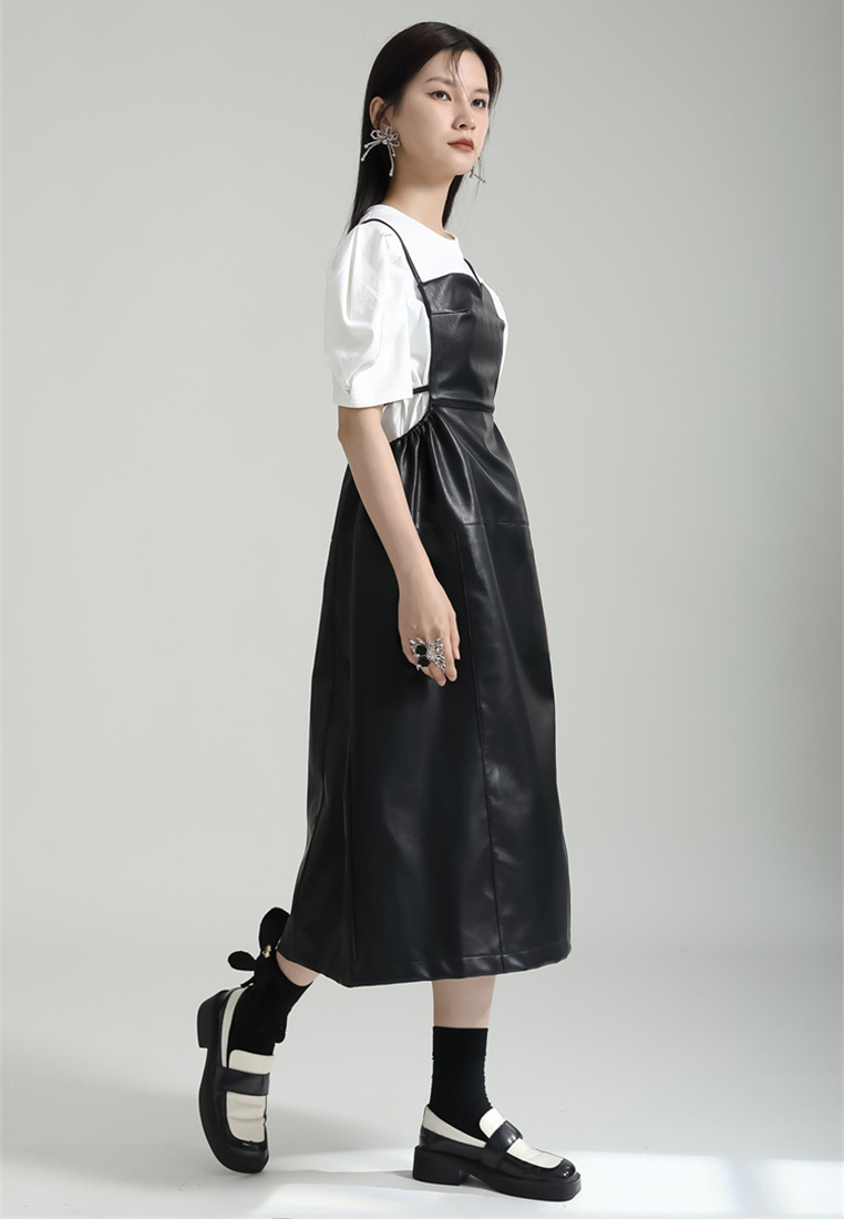 2024 new PU camisole loose three-dimensional dress with waistband CA24030111BK