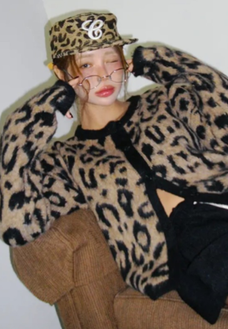 Retro brown leopard print knit cardigan CA25102011BW