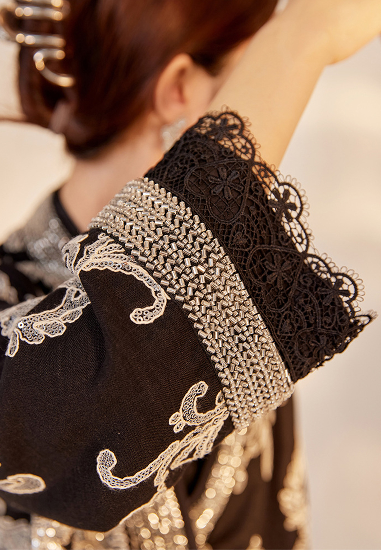 2024 Autumn high end fashion sequin embroidered top CA24090311BK