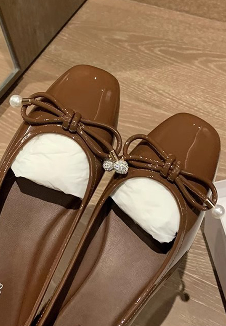 New square-toed bow-knot shallow pearl ballet leather shoes CA225042211SL