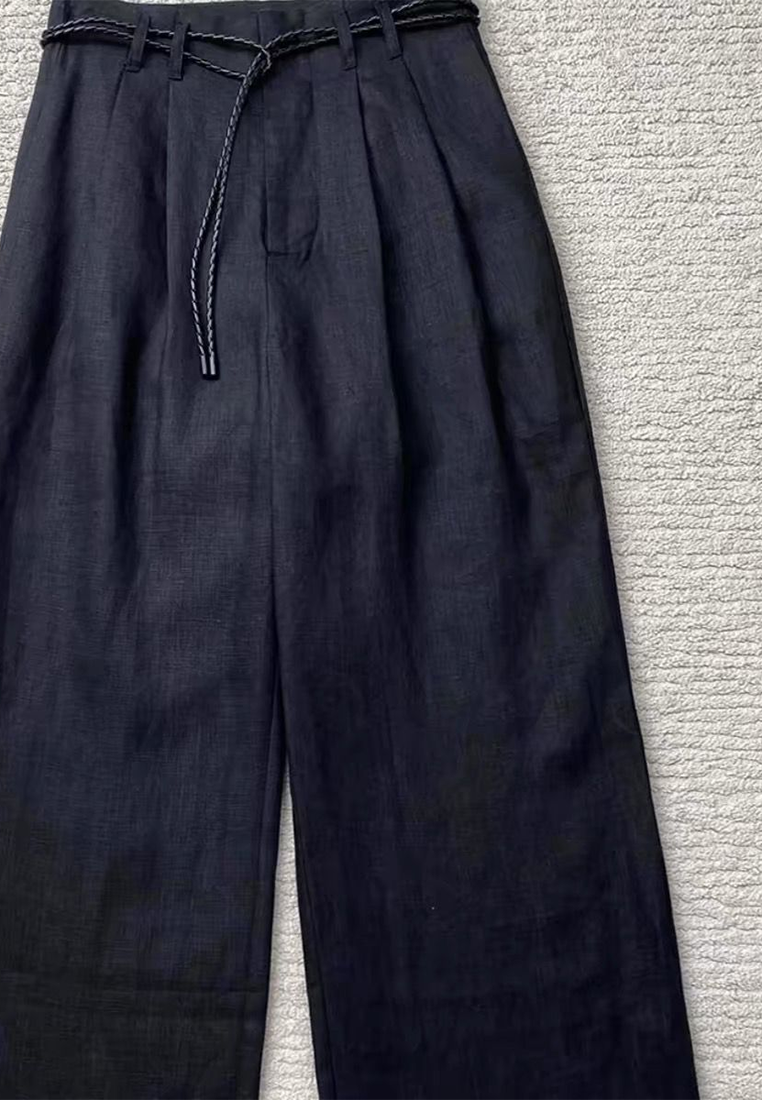 New Black Drawstring Linen Wide-leg Mop Pants CA25061711BK