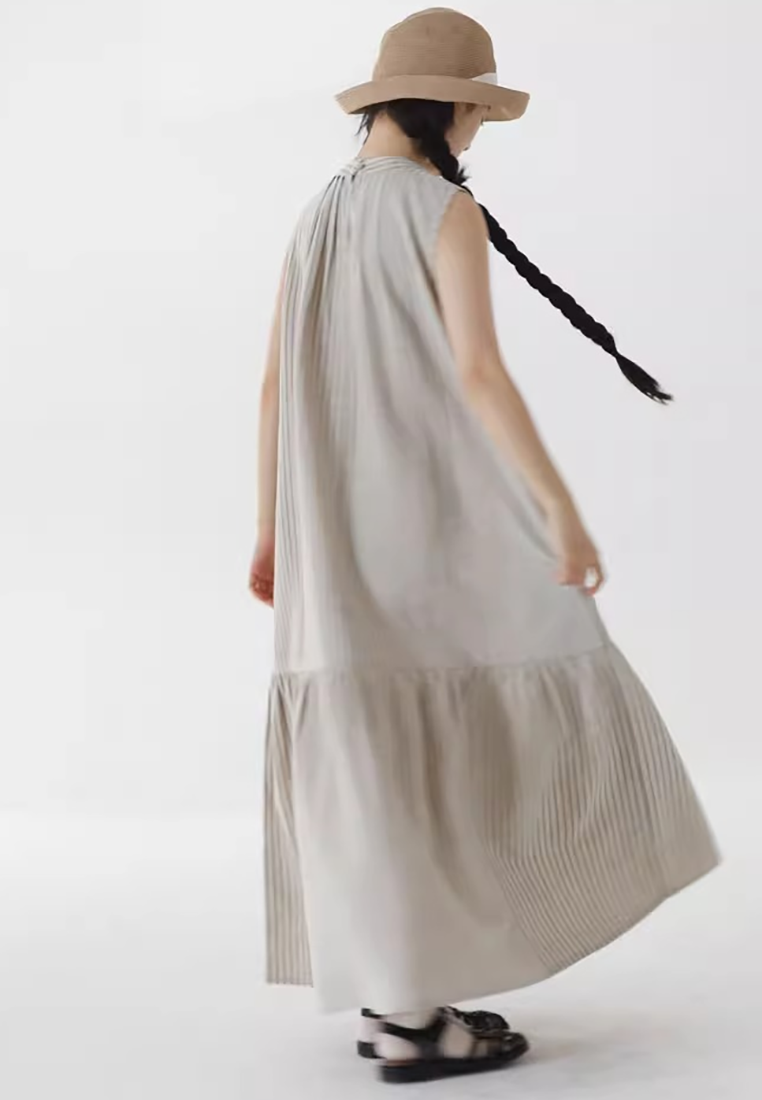 Summer cotton and linen small neckline fishtail dress CA25070911BW