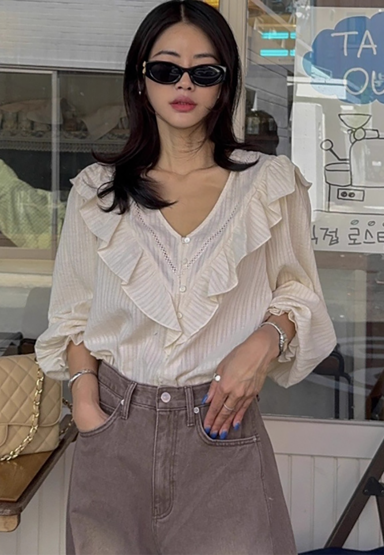 Early Fall Korean Chic Jacquard Ruffle V-Neck Long Sleeve CA25090211BE