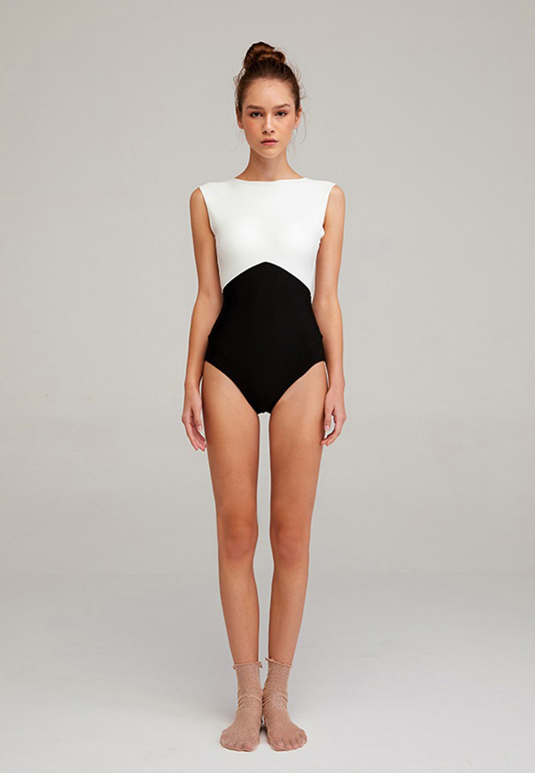 --Simple retro body-fitting one-piece waist black and white color matching back hollow swimsuit CA23050411-sunnydaysweety