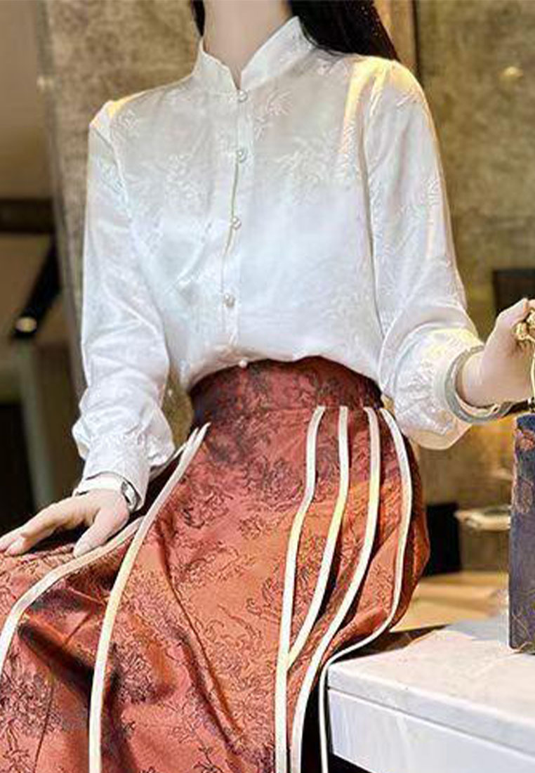 Temperament Chinese retro button printed stand collar silk shirt CA010611