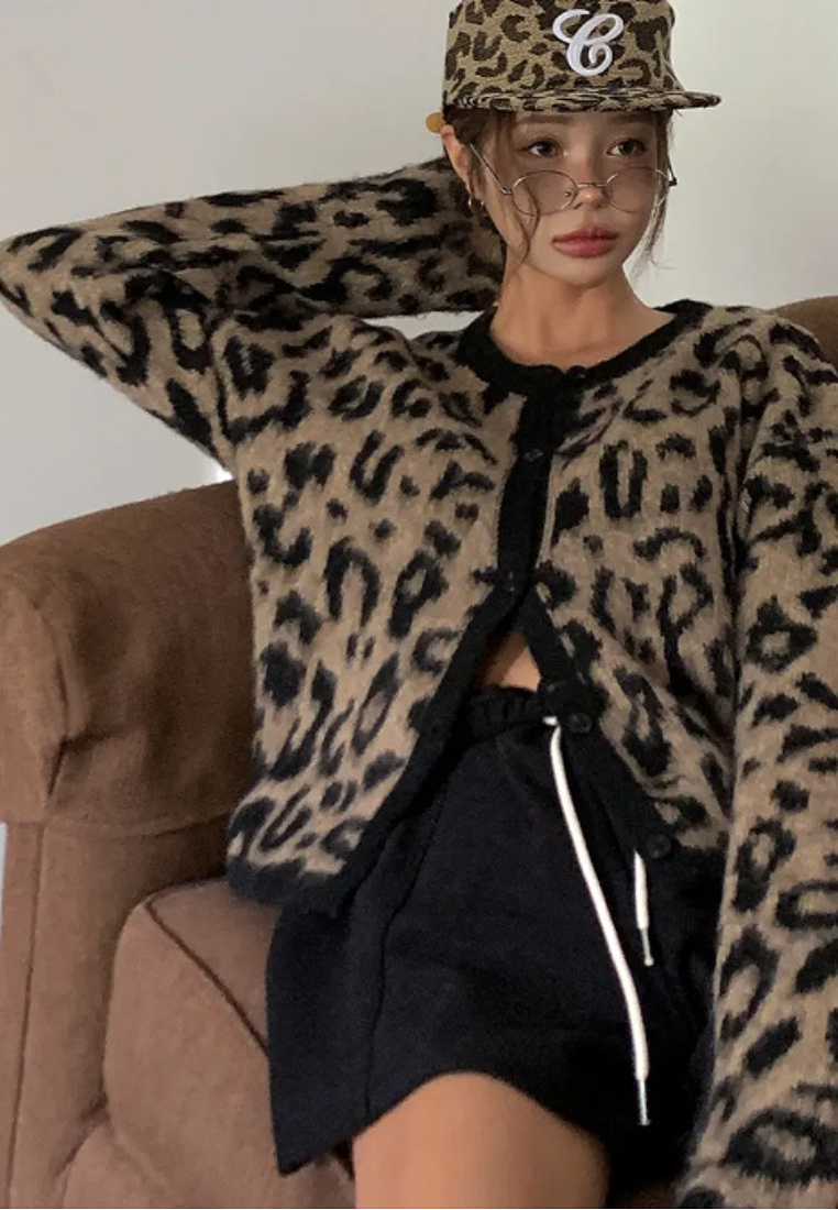 Retro brown leopard print knit cardigan CA25102011BW