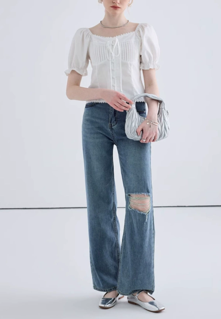 White summer new bubble sleeve short sleeved shirt CA25031911W