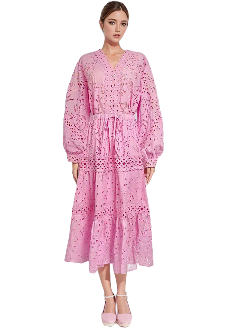 2024 Autumn V-neck Lantern Sleeve Top Slimming Long Dress Set CA24081611PI