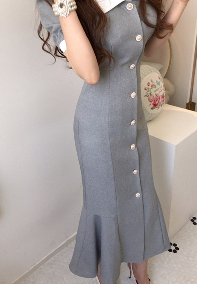 Summer elegant single breasted bubble sleeve dress CA25032711GY