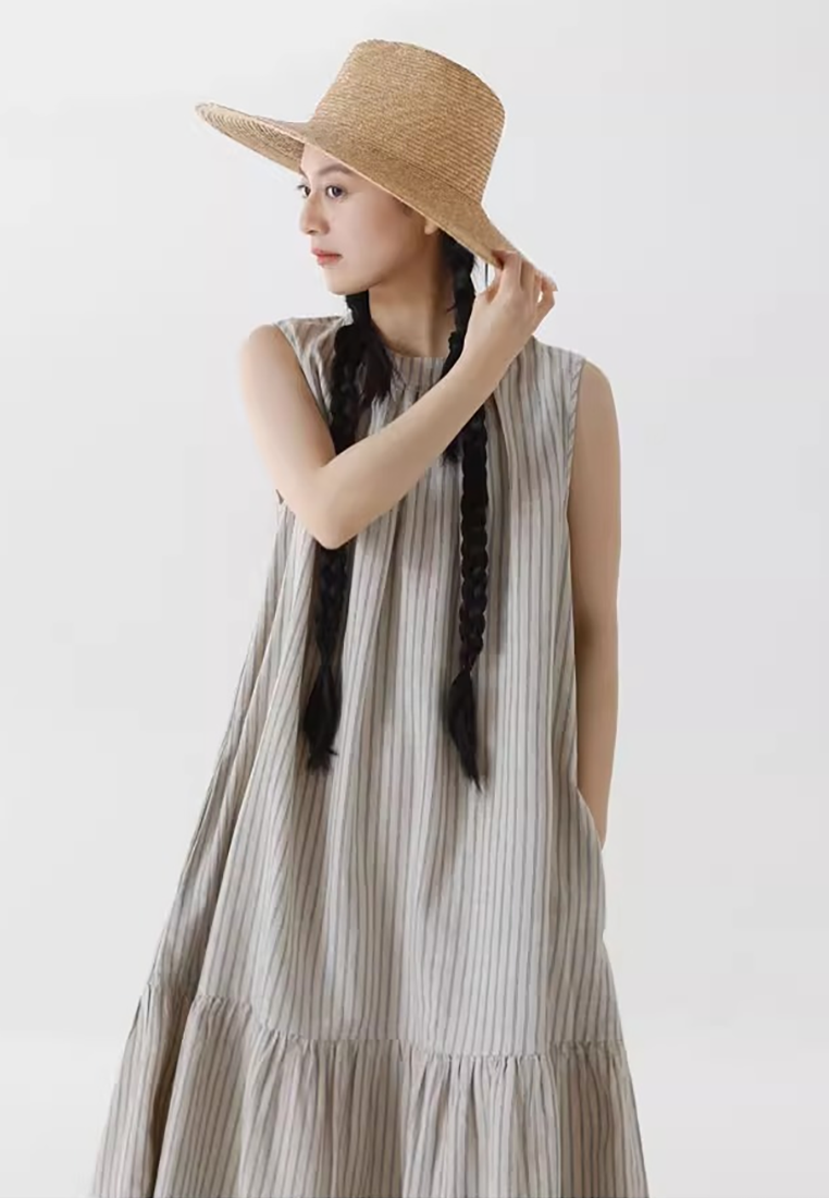 Summer cotton and linen small neckline fishtail dress CA25070911BW