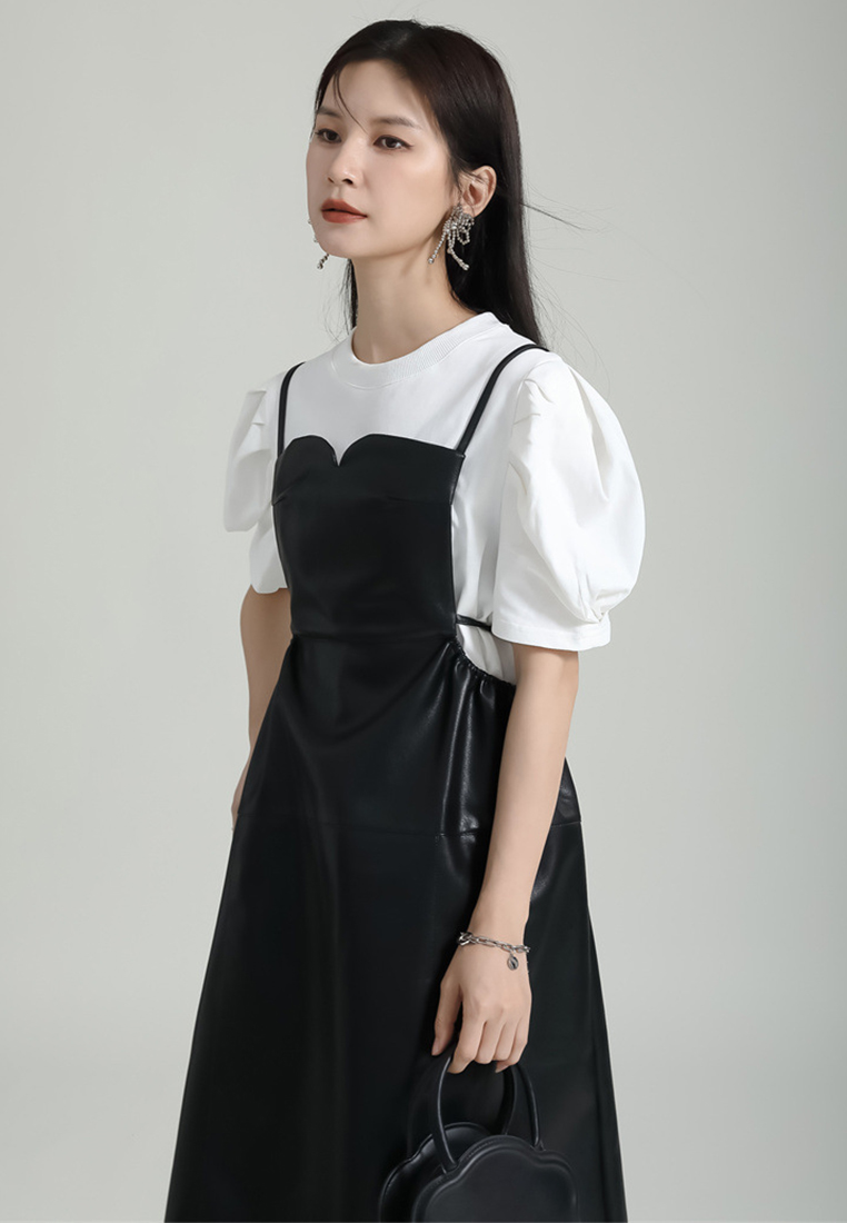 2024 new PU camisole loose three-dimensional dress with waistband CA24030111BK