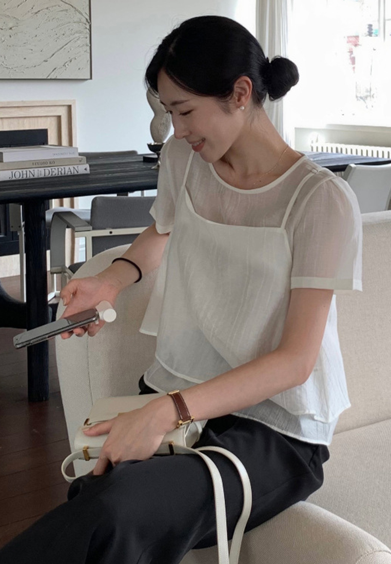 Summer Round Neck Bubble Sleeve Chiffon Top CA25042911BK