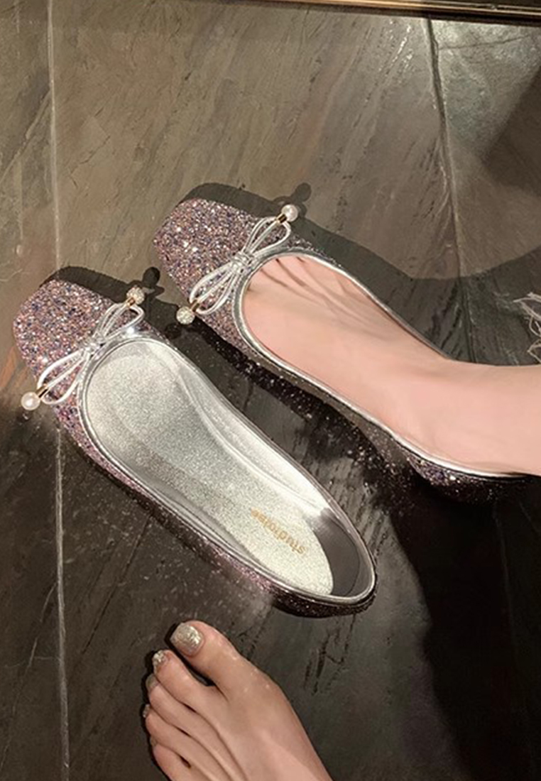 New square-toed bow-knot shallow pearl ballet leather shoes CA225042211SL