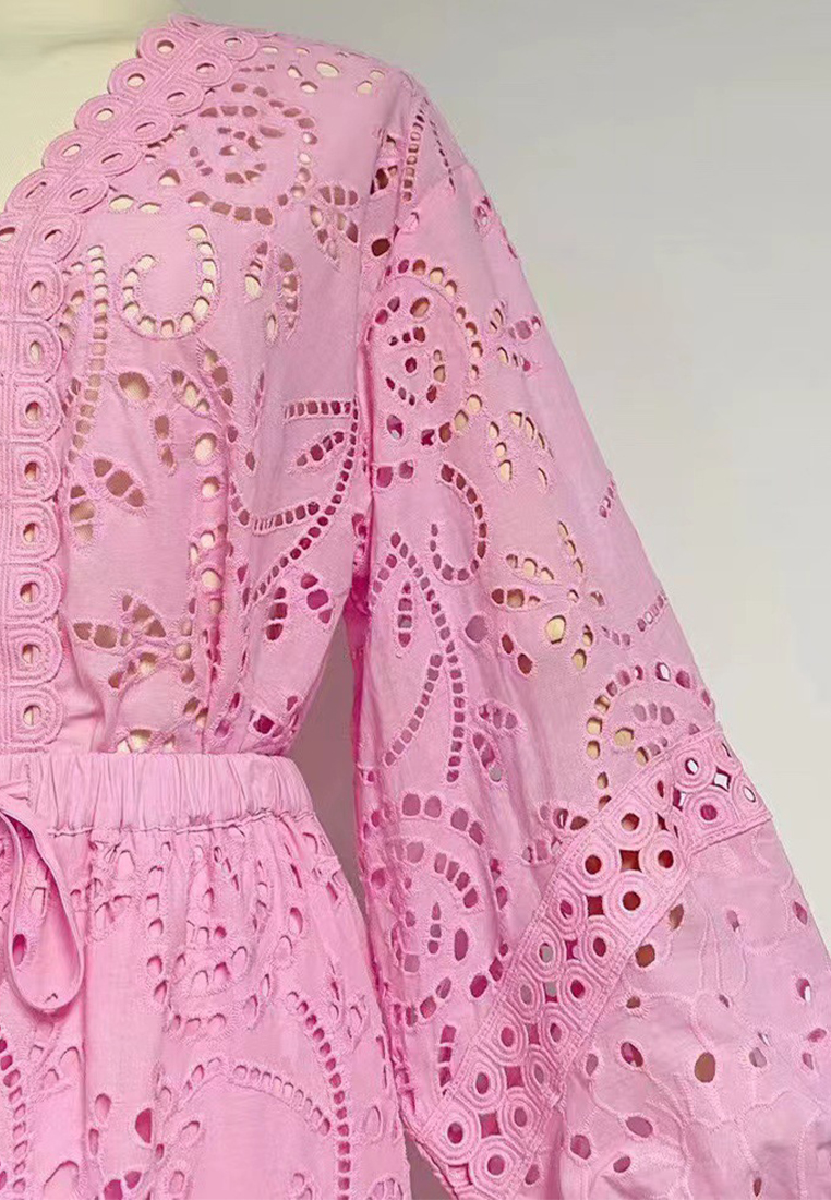 2024 Autumn V-neck Lantern Sleeve Top Slimming Long Dress Set CA24081611PI