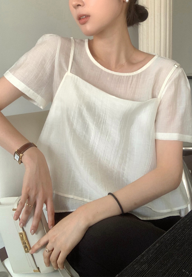 Summer Round Neck Bubble Sleeve Chiffon Top CA25042911BK