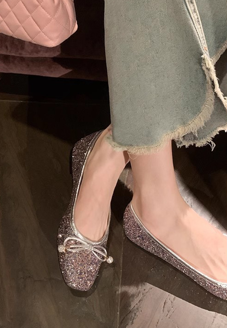 New square-toed bow-knot shallow pearl ballet leather shoes CA225042211SL