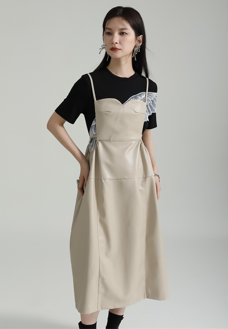 2024 new PU camisole loose three-dimensional dress with waistband CA24030111BK