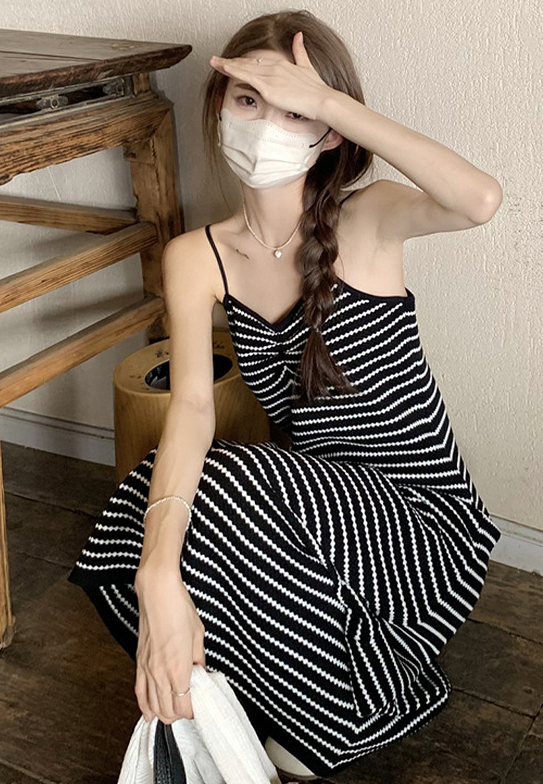 Summer new striped knitted Korean vest suspender long dress CA24050611BE